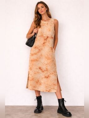 HOSBJERG Brown & Cream O Line Tie-Dye Midi Dress, S, Scandi, Smock, Minimalist